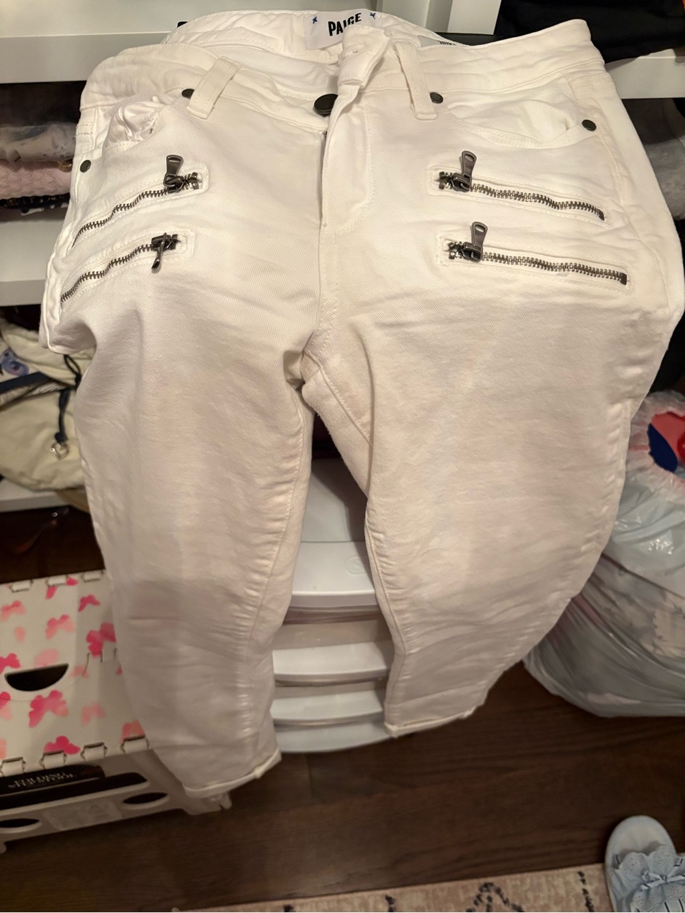 PAIGE White Ankle Jeans with Silver Zip Accents